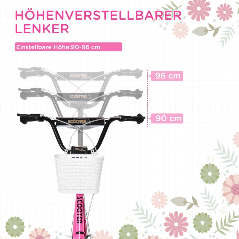 HOMCOM Kinderstep met Rem, Incl. Mand, Hoogteverstelbaar, voor Kinderen van 5 tot 12 Jaar, Wit + Roze(m-4)