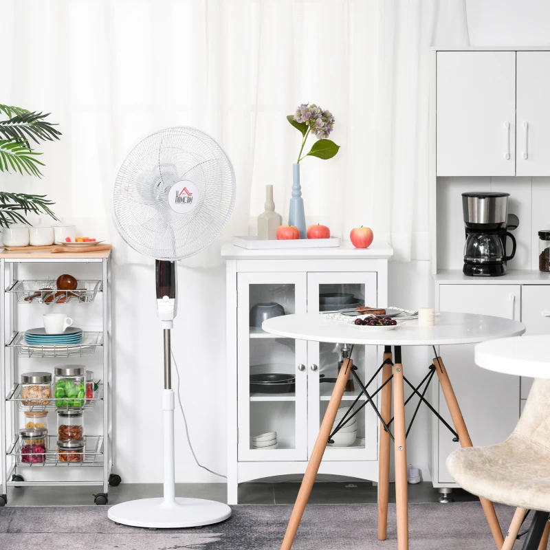 HOMCOM 16'' Pedestal Stand Fan, 3 Speed 3 Mode, 85° Oscillation, LED Panel, 3M Remote Controller, Height Adjustable for Living Room, Bedroom, Garage, Office, Black and White