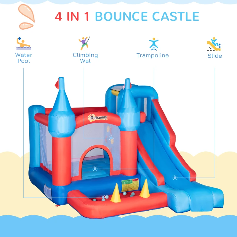 Outsunny 4 in 1 Kids Bouncy Castle Inflatable House Trampoline Slide Water Pool Climbing Wall with 450W Air Blower for Kids Age 3-8, 3.3 x 2.8 x 2.1m