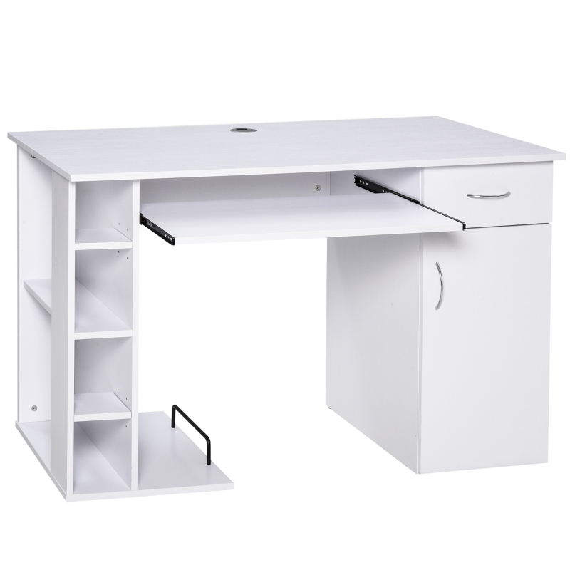 HOMCOM Scrivania per PC Ergonomica con Mensole e Piano Tastiera Estraibile Bianca