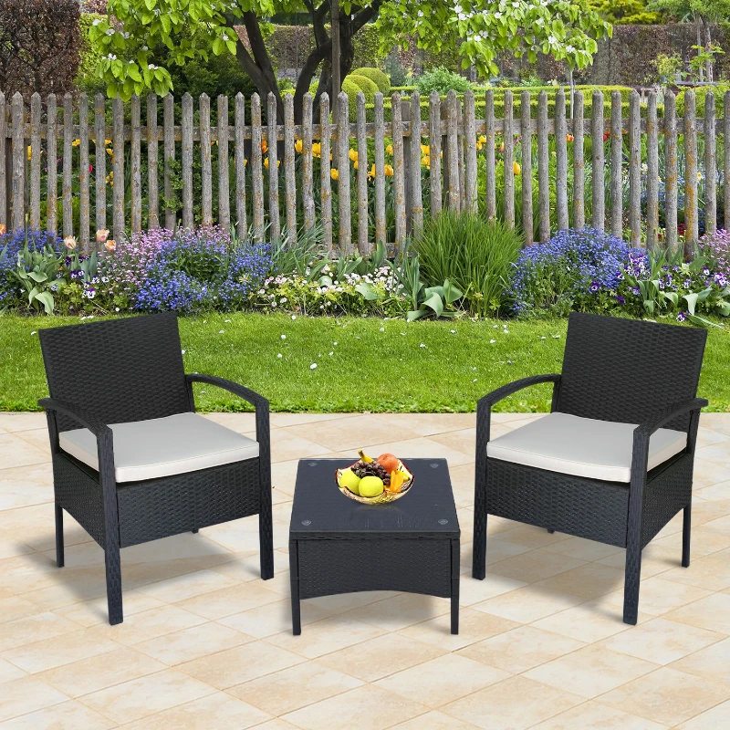 Outsunny 2 Seater Rattan Bistro Set, Steel-Black