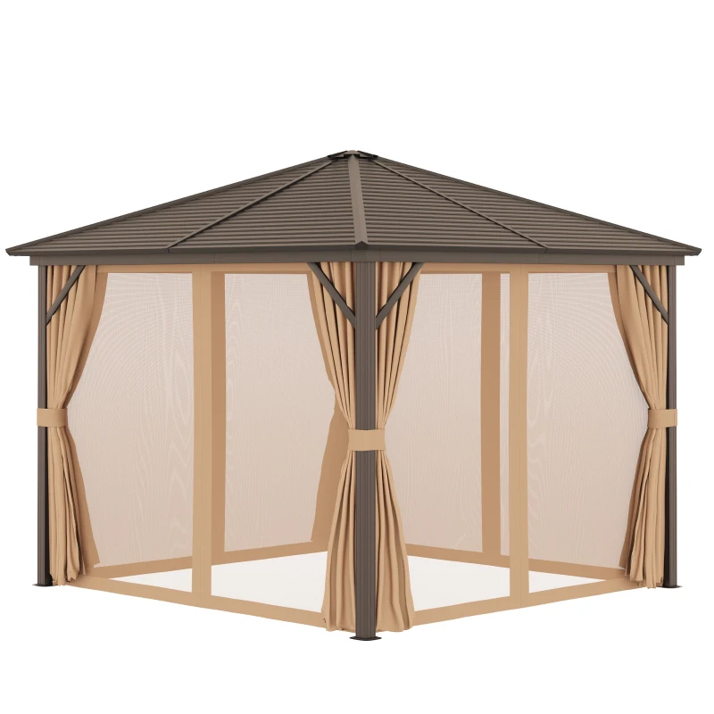 Outsunny 3 x 3(m) Metal Hardtop Gazebo, with Curtains and Accessories - Brown