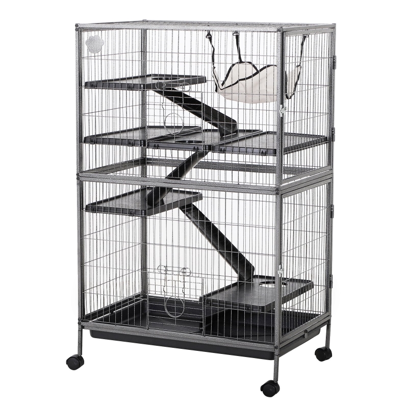 Pawhut Cage pour rongeurs multifonction 4 plateformes 3 rampes 4 portes dim. 80L x 52l x 128H cm métal gris argenté noir