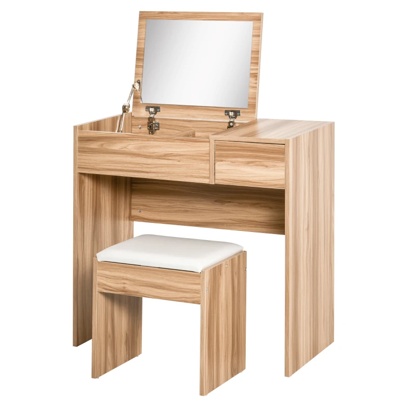 HOMCOM Makeup Desk with Drawer, Vanity Table Set with Flip-up Mirror and Cushioned Stool, Natural