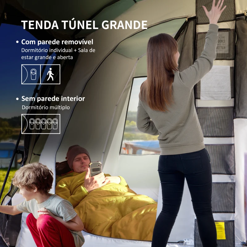 Outsunny Tenda de Campismo Familiar 6 Pessoas Tenda Campismo Impermeável PU3000mm com 3 Portas 6 Janelas Bolsos de Arrumação e Bolsa de Transporte 455x320x215cm Verde