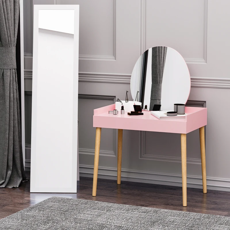 HOMCOM Toucador Vintage com Espelho Redondo Mesa de Maquilhagem com Gaveta e Pés de Madeira Inclinadas para Dormitório 76x48x123,5cm Rosa