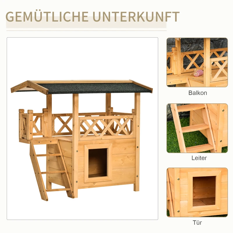 PawHut Katzenhaus mit Asphaltdach, 2-stöckig, Katzenhütte mit Balkon, Katzenvilla mit Treppe, Massivholz, Natur, 77 x 50 x 73 cm