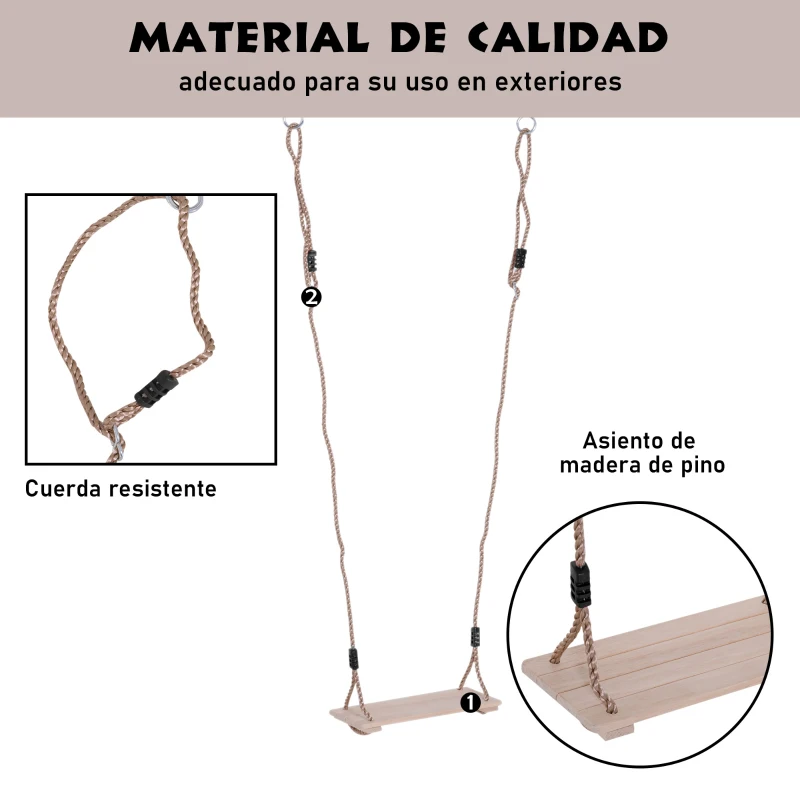 HOMCOM Columpio Infantil de Madera para Exterior Interior con Cuerda Ajustable Carga Máx. 70 kg para Jardín Patio al Aire Libre 40x16x120 cm Natural