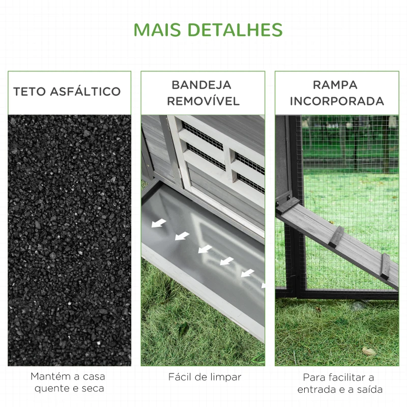 PawHut Galinheiro de Madeira Exterior Gaiola para 2-4 Galinhas com Grade de Arame Tetos Asfálticos Ninho Bandeja Removível Rampa e Zona Aberta 200x80x105cm Cinza