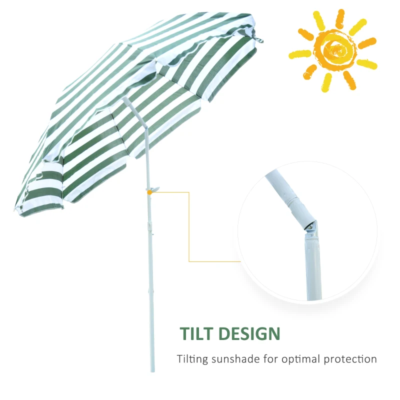 Outsunny 1.8m Beach Parasol Umbrella with Tilt Canopy, Lightweight Patio Garden Sunshade with 8 Ribs, Green & White Stripe