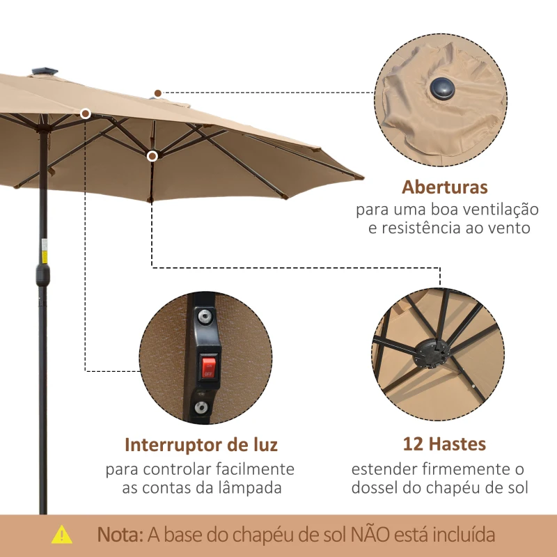 Outsunny Chapéu de Sol Duplo de Jardim com 48 Luzes LED Solar 450x265x240cm Chapéu de Sol de Exterior com Manivela Proteção Solar para Terraço Balcão Piscina Cáqui