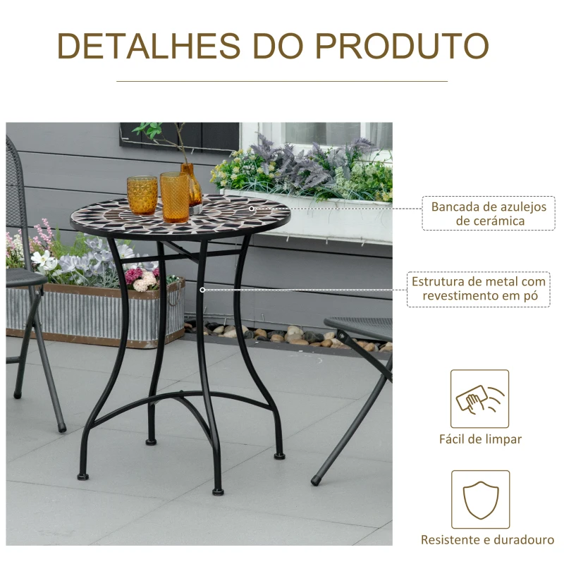 Outsunny Mesa de Jardim Redonda Mesa de Mosaico com Superfície de Cerâmica e Estrutura de Metal Carga Máx. 50kg para Pátio Terraço Exterior Ø60x71 cm Preto