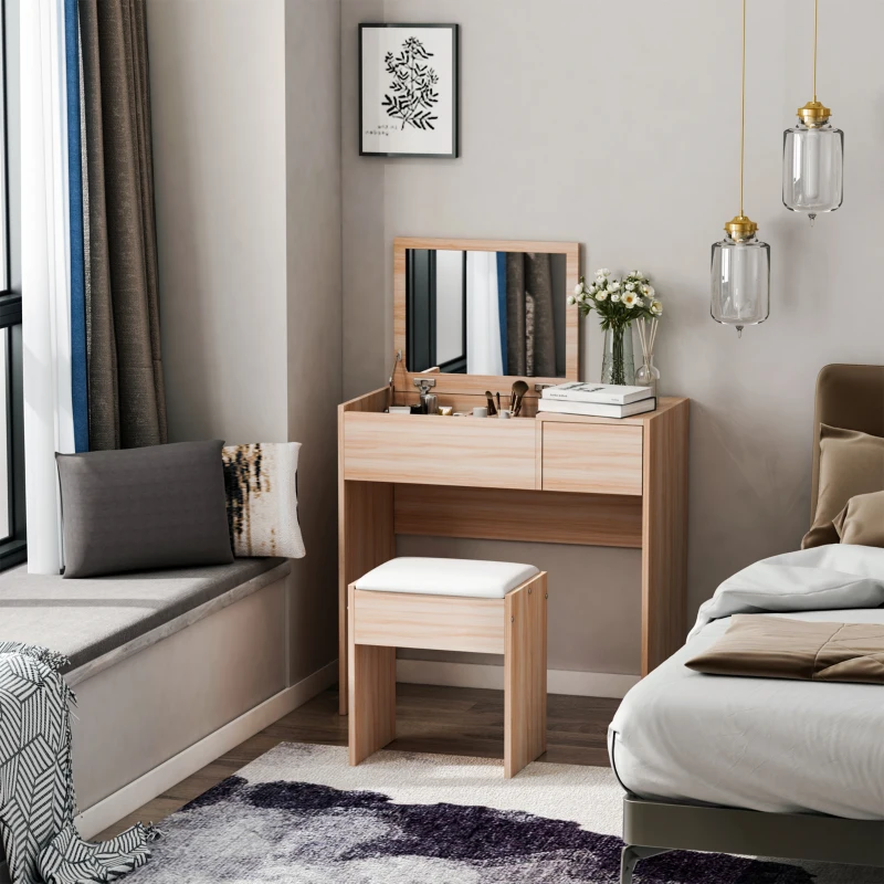 HOMCOM Makeup Desk with Drawer, Vanity Table Set with Flip-up Mirror and Cushioned Stool, Natural