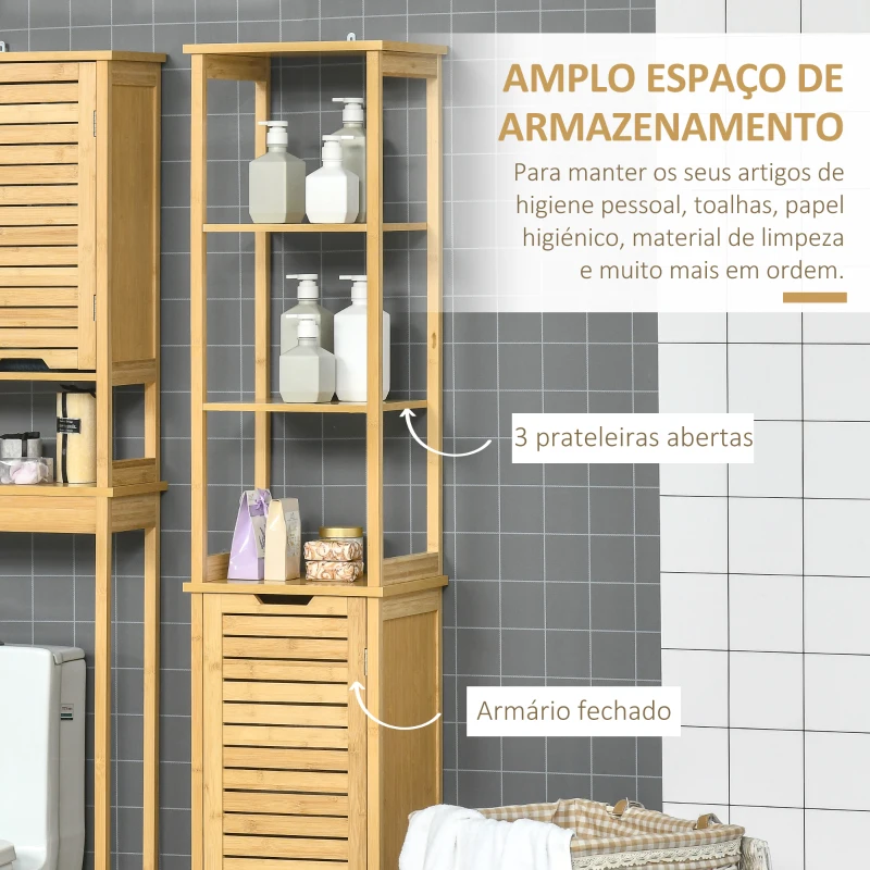 kleankin Coluna Casa de Banho de Bambú Coluna Alta para Casa de Banho com 3 Prateleiras e 1 Porta Móvel de Armazenamento para Sala de Estar Cozinha 34x30x173cm Natural