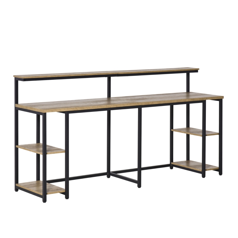 HOMCOM Scrivania Doppia con Scaffali e Mensola Stile Industriale in Metallo e MDF, 200x53x100cm, Nero Marrone