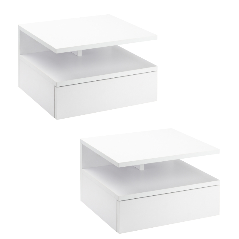 Lot de 2 tables de chevet murales - tiroir coulissant, niche, plateau