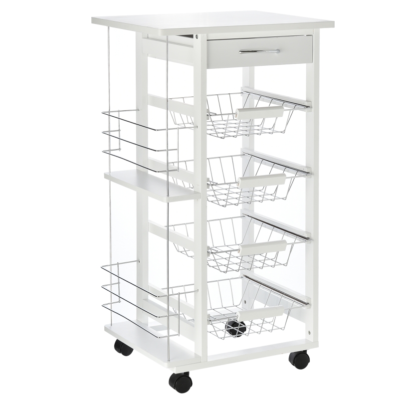 HOMCOM Carrito Cocina Carro Multiusos de 5 Niveles con Cajón Bastidores Laterales Cestas Extraíbles de Metal 4 Ruedas 47x37x83 cm Blanco