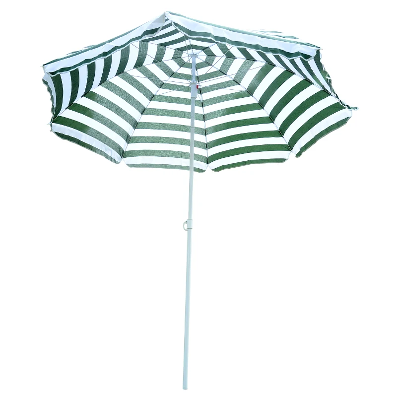 Outsunny 1.8m Beach Parasol Umbrella with Tilt Canopy, Lightweight Patio Garden Sunshade with 8 Ribs, Green & White Stripe