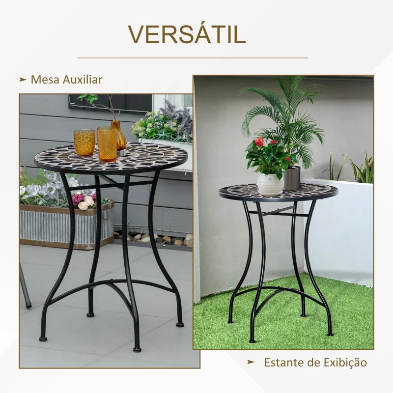 Outsunny Mesa de Jardim Redonda Mesa de Mosaico com Superfície de Cerâmica e Estrutura de Metal Carga Máx. 50kg para Pátio Terraço Exterior Ø60x71 cm Preto