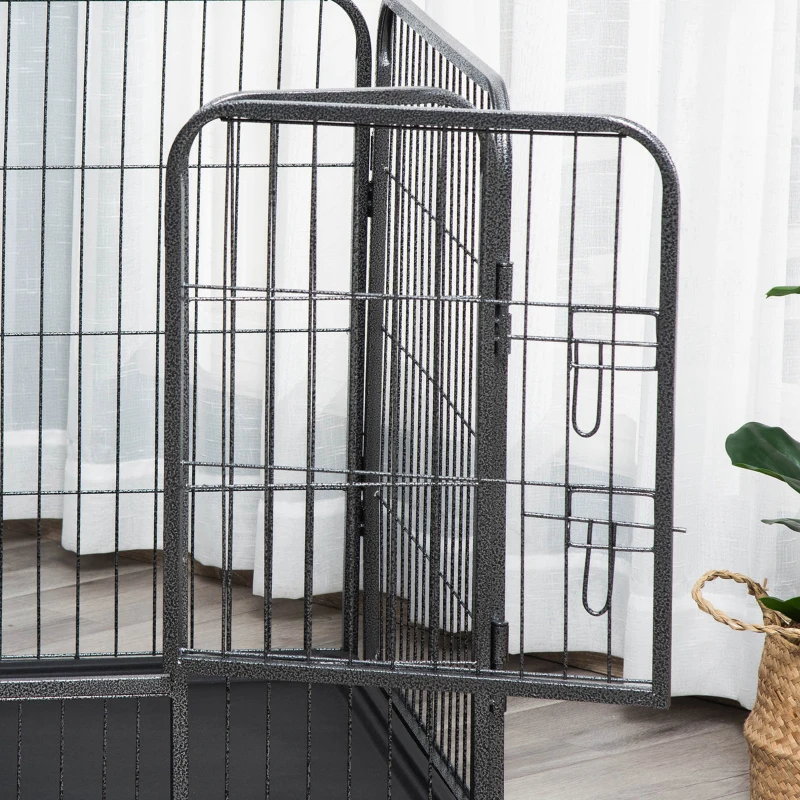 PawHut Barreira de Segurança para Animais de Estimação Parque de Diversão para Animais com 4 Painéis de Aço 109x74x71cm com Porta de Trava Dupla e Bandeja Removível para Exterior Interior Cinza