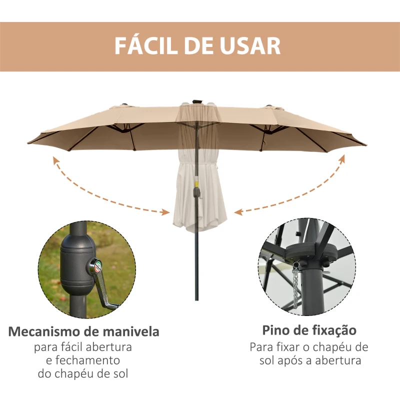 Outsunny Chapéu de Sol Duplo de Jardim com 48 Luzes LED Solar 450x265x240cm Chapéu de Sol de Exterior com Manivela Proteção Solar para Terraço Balcão Piscina Cáqui