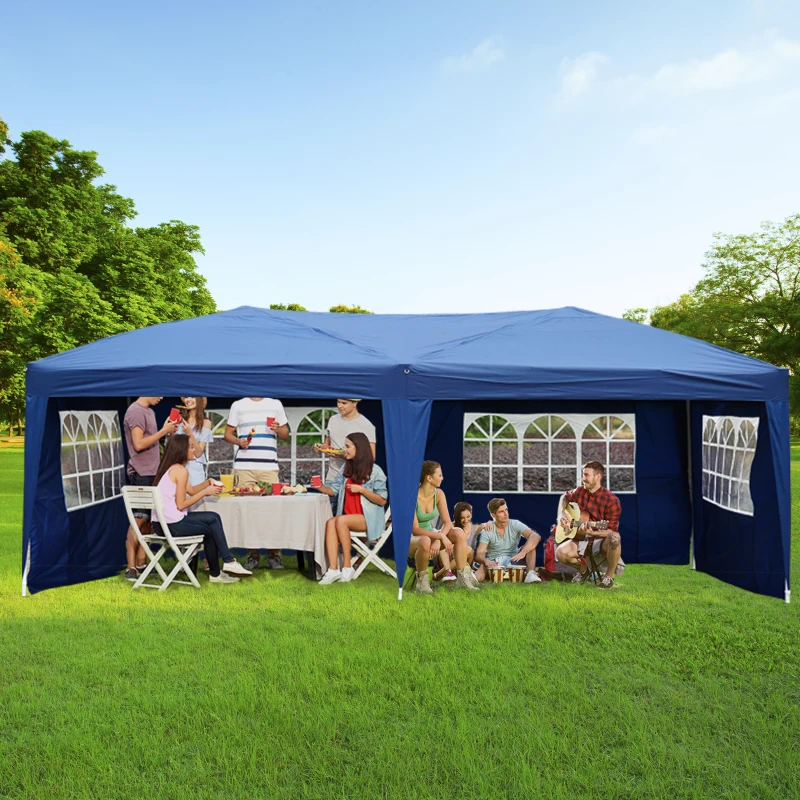 HOMCOM Tonnelle pliante - tente de réception - 3 x 6 m - pavillon chapiteau barnum - 3 cotés démontables - piquets d'ancrage au sol + sac de transport inclus bleu