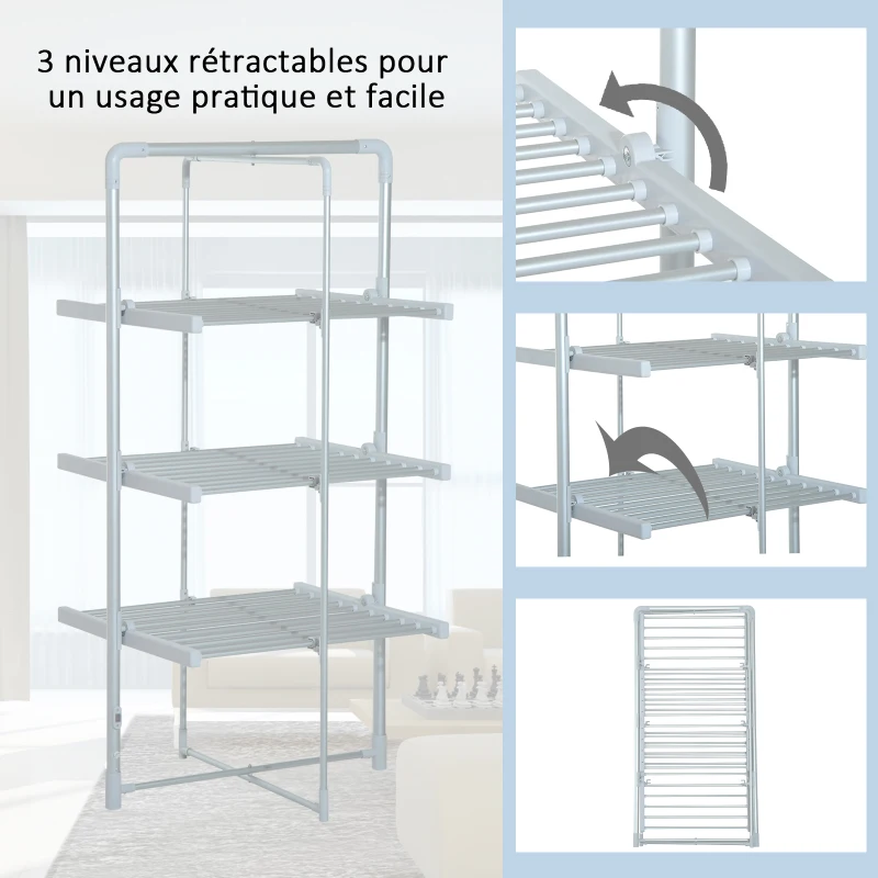 HOMCOM Séchoir à linge étendoir à linge électrique chauffant pliable 3 niveaux 300 W 50-55° C aluminium