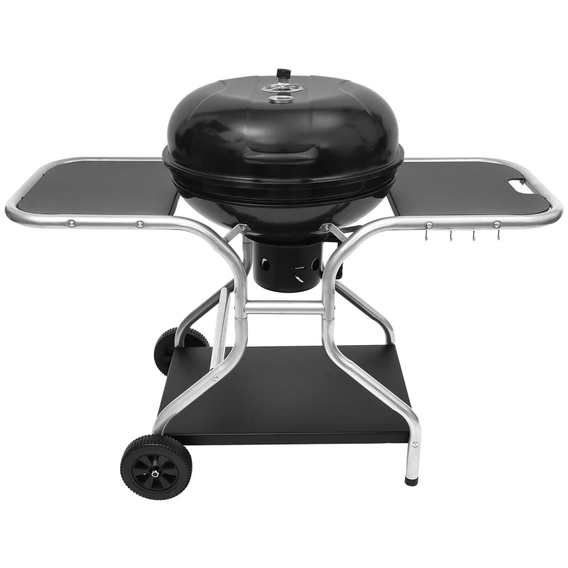 Outsunny Portable Charcoal Kettle Grill Outdoor Barbecue Trolley BBQ Heat Smoker Grilling with Two wheels, Free Standing Black