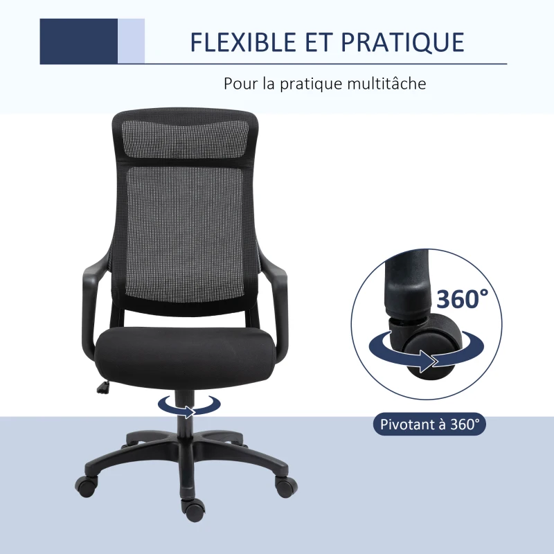 Vinsetto Fauteuil de bureau manager ergonomique hauteur assise réglable pivotant 360° maille polyester noir