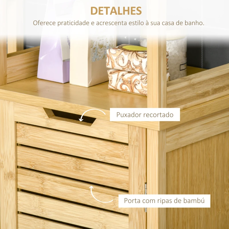 kleankin Coluna Casa de Banho de Bambú Coluna Alta para Casa de Banho com 3 Prateleiras e 1 Porta Móvel de Armazenamento para Sala de Estar Cozinha 34x30x173cm Natural