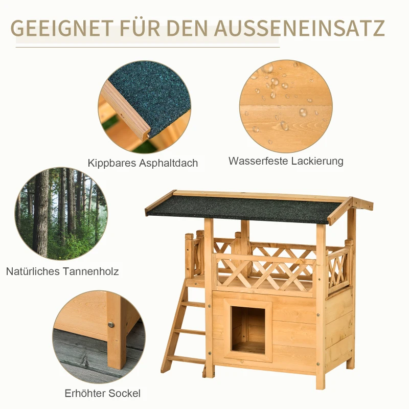 PawHut Katzenhaus mit Asphaltdach, 2-stöckig, Katzenhütte mit Balkon, Katzenvilla mit Treppe, Massivholz, Natur, 77 x 50 x 73 cm