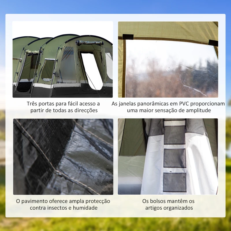 Outsunny Tenda de Campismo Familiar 6 Pessoas Tenda Campismo Impermeável PU3000mm com 3 Portas 6 Janelas Bolsos de Arrumação e Bolsa de Transporte 455x320x215cm Verde