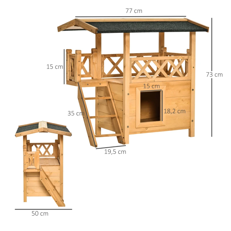 PawHut Katzenhaus mit Asphaltdach, 2-stöckig, Katzenhütte mit Balkon, Katzenvilla mit Treppe, Massivholz, Natur, 77 x 50 x 73 cm
