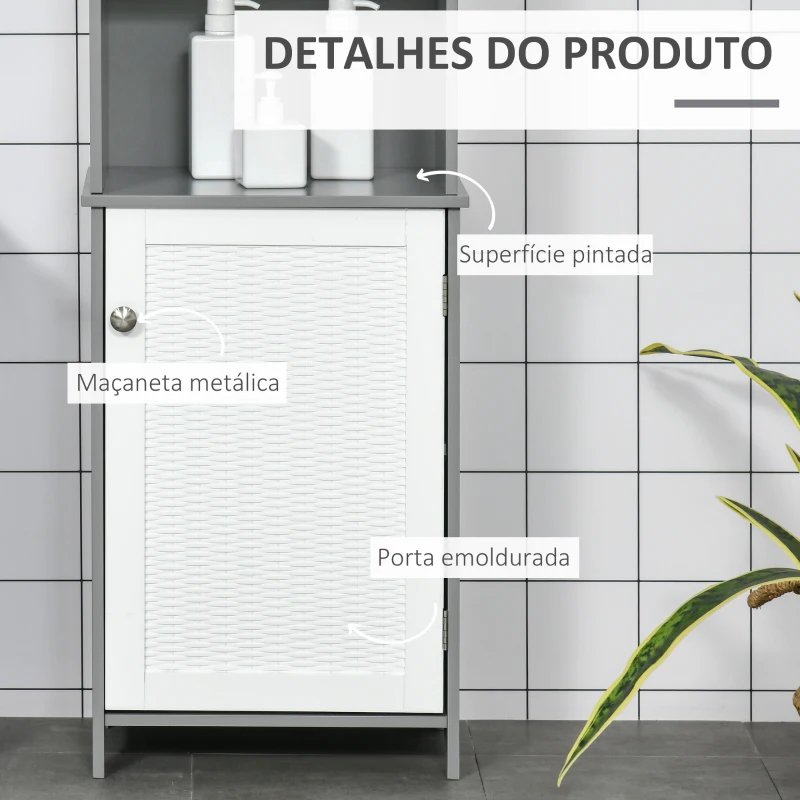 kleanklin Armário para Casa de Banho com Prateleiras 1 Armário com Prateleira Interior Ajustável Móvel Auxiliar de Armazenamento para Sala de Estar Cozinha 40x30x117cm Cinza e Branco