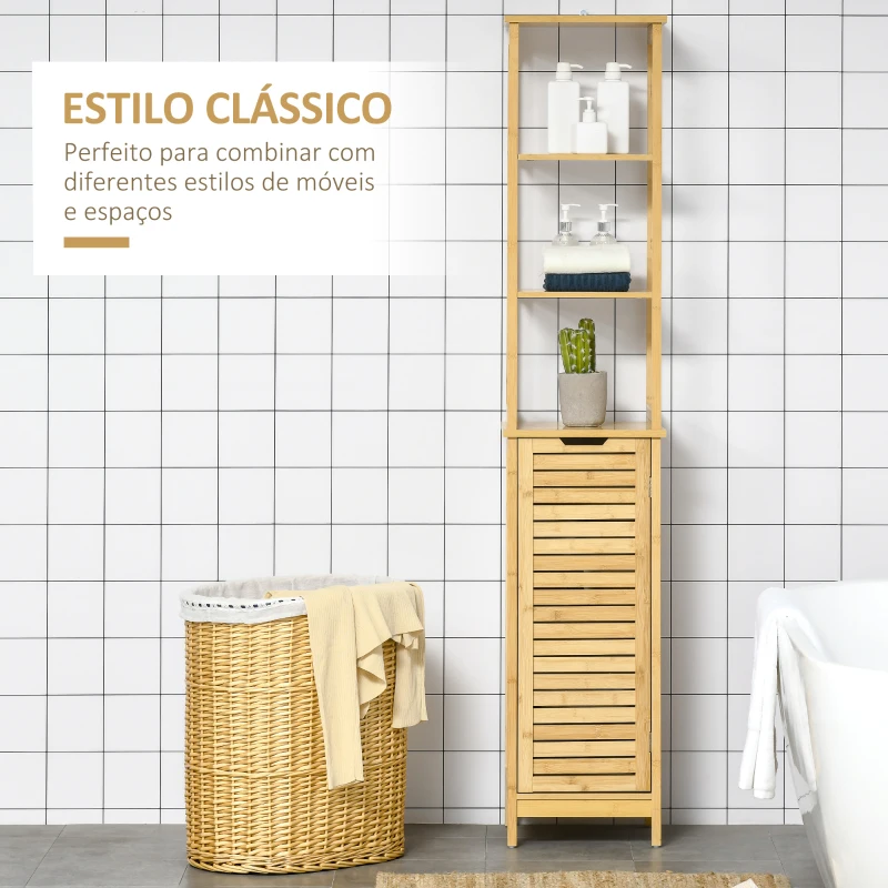 kleankin Coluna Casa de Banho de Bambú Coluna Alta para Casa de Banho com 3 Prateleiras e 1 Porta Móvel de Armazenamento para Sala de Estar Cozinha 34x30x173cm Natural