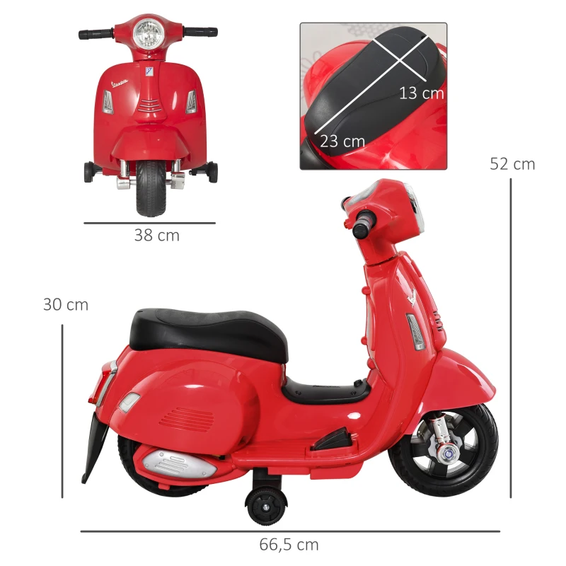 HOMCOM VESPA elektrische motorfiets kindermotorfiets elektrisch voertuig 18-36 maanden 3 km/h LED-licht geluid PP- kunststof metaal rood 66,5 x 38 x 52 cm(m-3)