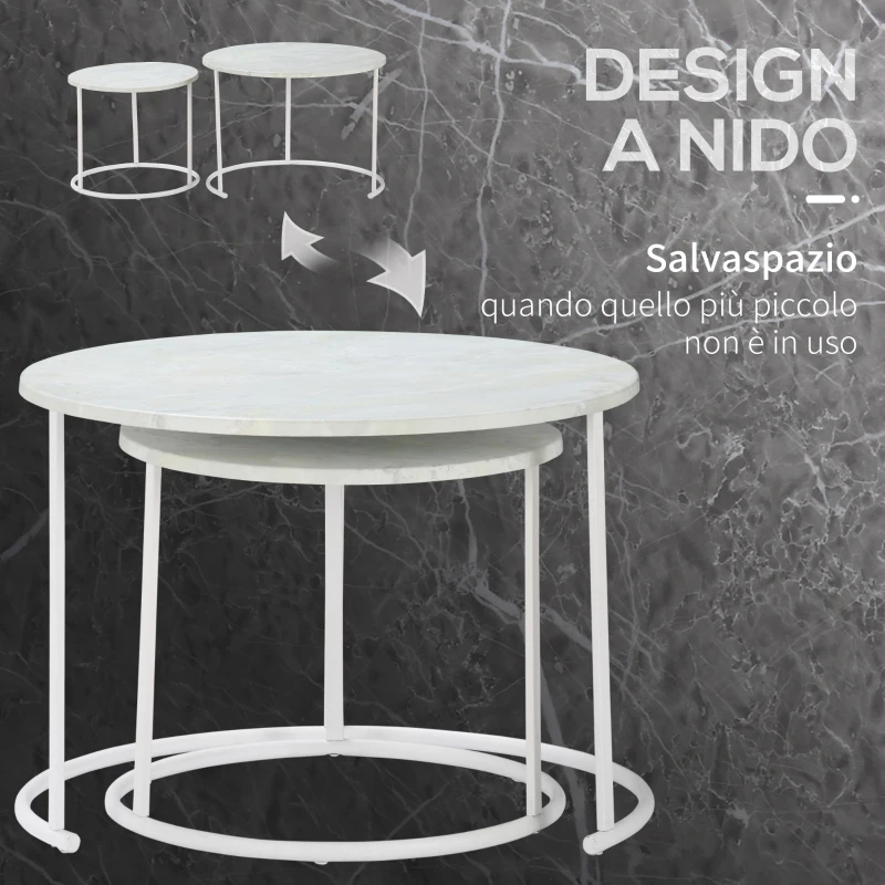 Outsunny Tavolini da Salotto, Set 2 Pezzi con Piano Effetto Marmo in Metallo, Bianco