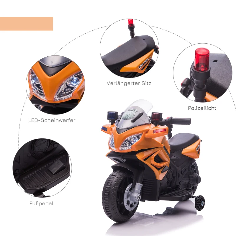 HOMCOM kinderen politie elektrische motorfiets politiemotorfiets elektrische auto kinderwagen voor 18 tot 36 maanden met 2 koplampen politie lichten elektrische quad oranje + zwart 69 x 39 x 43 cm