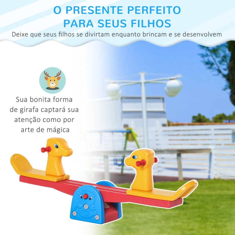 HOMCOM Baloiço Infantil em Forma de Girafa com Encosto Guidão Texturizado Carga 20kg por Assento para Interior e Exterior 150x32x60cm Multicor