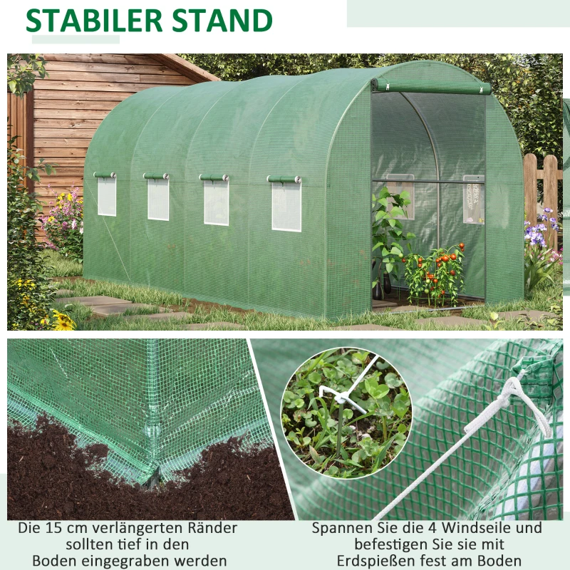 Outsunny Foliengewächshaus, begehbares Gewächshaus, Folientunnel, Treibhaus, Kunststoff, Stahl, Grün
