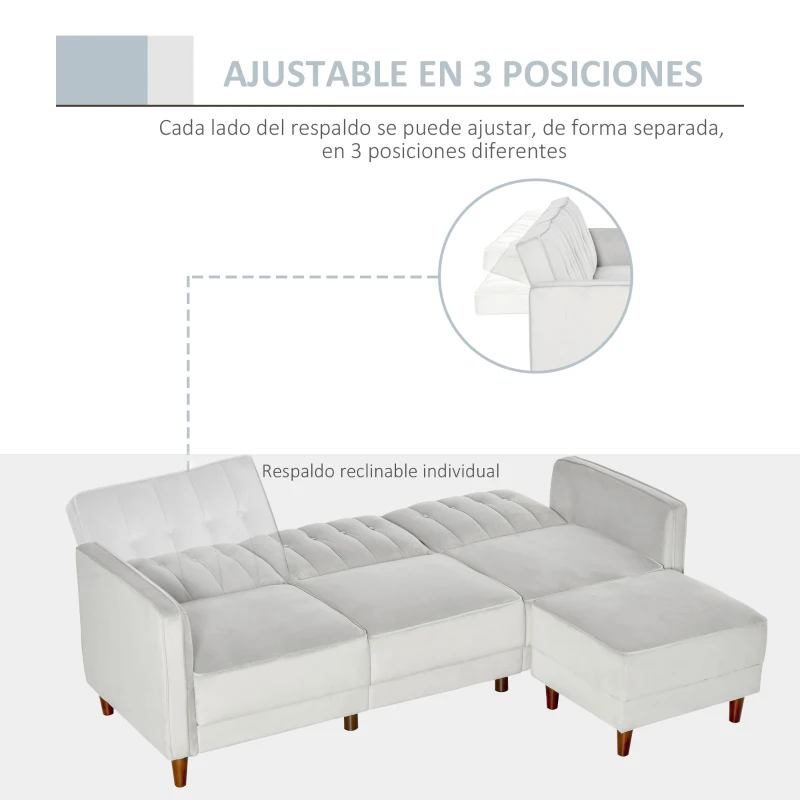 HOMCOM Sofá Cama con Chaise Longue de 3 Plazas Convertible con Reposapiés Movible Respaldo Ajustable y Reposabrazos Tacto Aterciopelado 218x85x86 cm Gris Claro