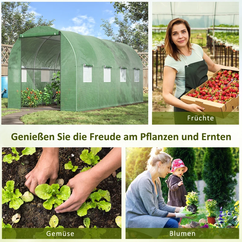 Outsunny Foliengewächshaus, begehbares Gewächshaus, Folientunnel, Treibhaus, Kunststoff, Stahl, Grün