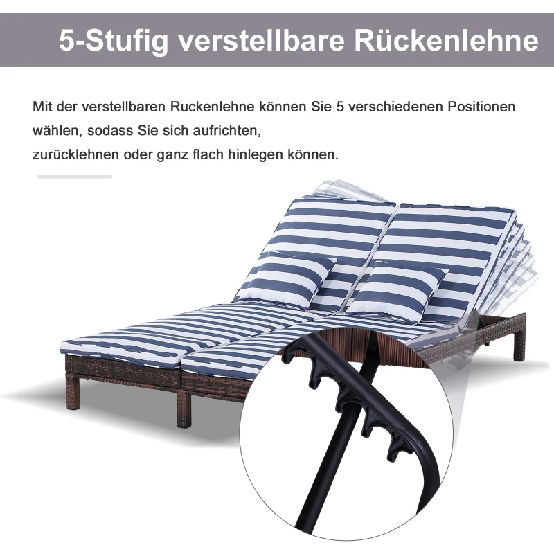 Outsunny ligbank voor buiten dubbele ligstoel relax ligstoel voor 2 personen 5 standen metaal PE-rotan blauw