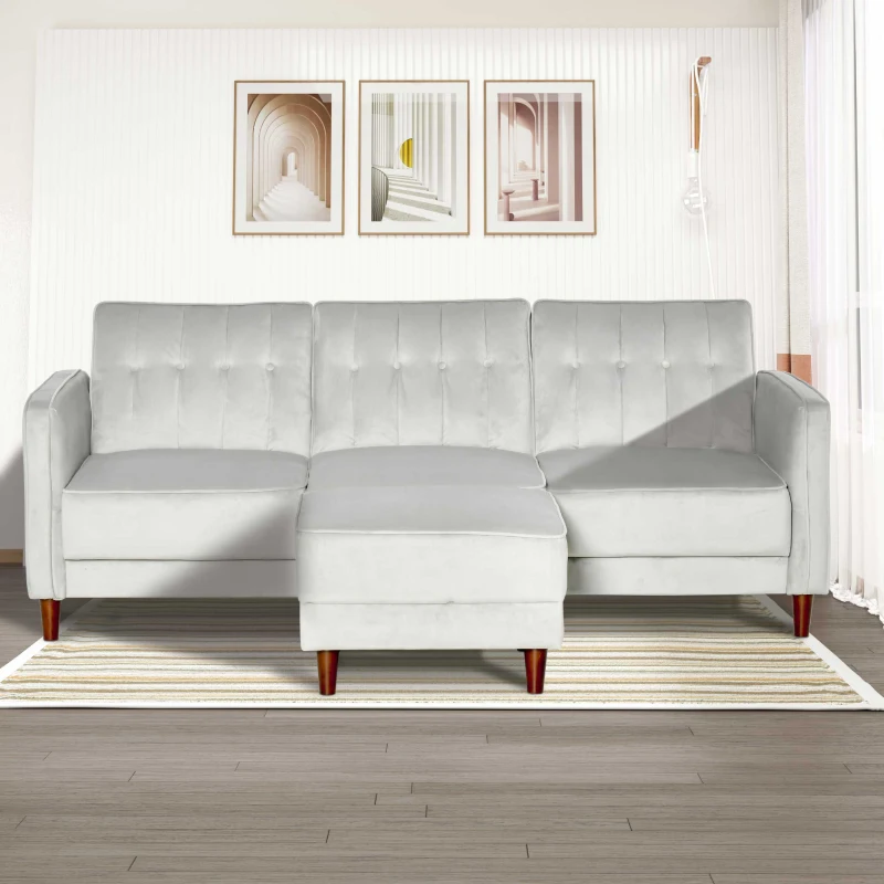 HOMCOM Sofá Cama con Chaise Longue de 3 Plazas Convertible con Reposapiés Movible Respaldo Ajustable y Reposabrazos Tacto Aterciopelado 218x85x86 cm Gris Claro