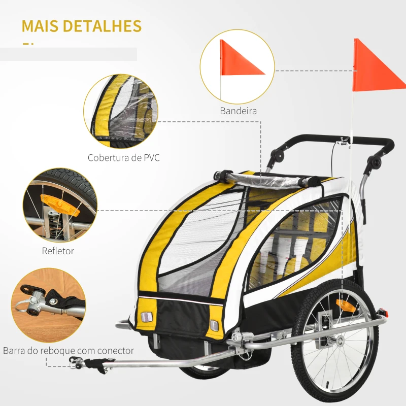 HOMCOM Reboque de Bicicleta para Crianças 2 em 1 com 2 Lugares Convertível em Carrinho de Passeio com Roda Dianteira Giratória 360° Amarelo
