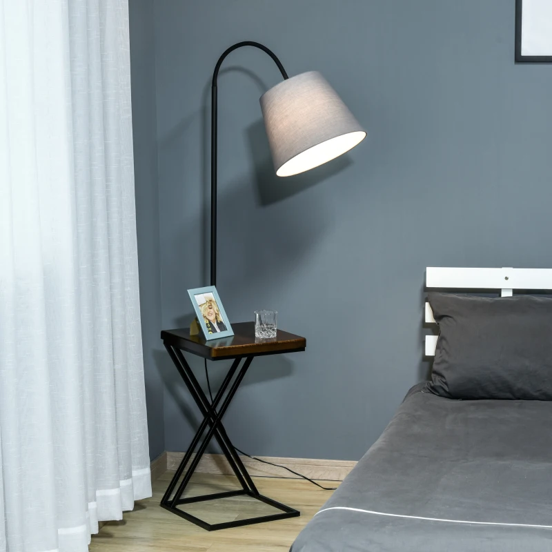 HOMCOM Lámpara de Pie con Mesita Iluminación Interior Moderno Foco de Luces con Cabeza Flexible Patas de Acero Marco Metálico Estable 36x36x165 cm Negro Marrón Gris