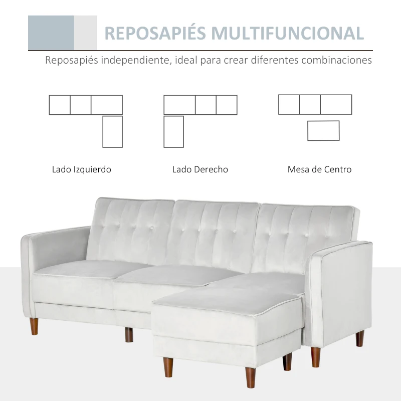 HOMCOM Sofá Cama con Chaise Longue de 3 Plazas Convertible con Reposapiés Movible Respaldo Ajustable y Reposabrazos Tacto Aterciopelado 218x85x86 cm Gris Claro