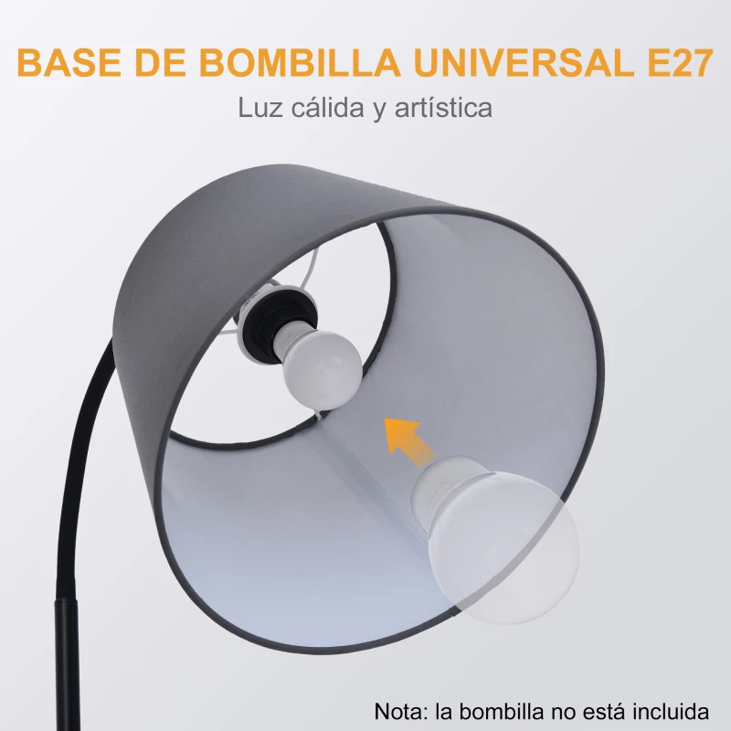 HOMCOM Lámpara de Pie con Mesita Iluminación Interior Moderno Foco de Luces con Cabeza Flexible Patas de Acero Marco Metálico Estable 36x36x165 cm Negro Marrón Gris