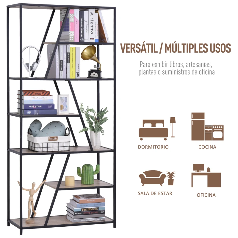 HOMCOM Estantería Asimétrica de 9 Estantes Trapezoidales de Estilo Moderno con Dispositivo Antivuelco Librería Multiusos 80x33x180 cm Madera y Negro