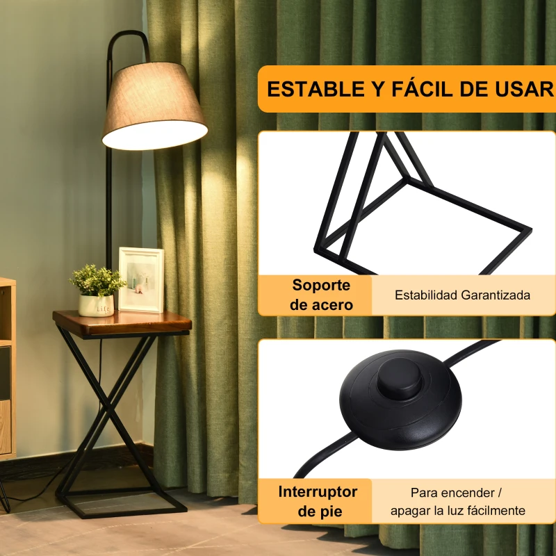 HOMCOM Lámpara de Pie con Mesita Iluminación Interior Moderno Foco de Luces con Cabeza Flexible Patas de Acero Marco Metálico Estable 36x36x165 cm Negro Marrón Gris